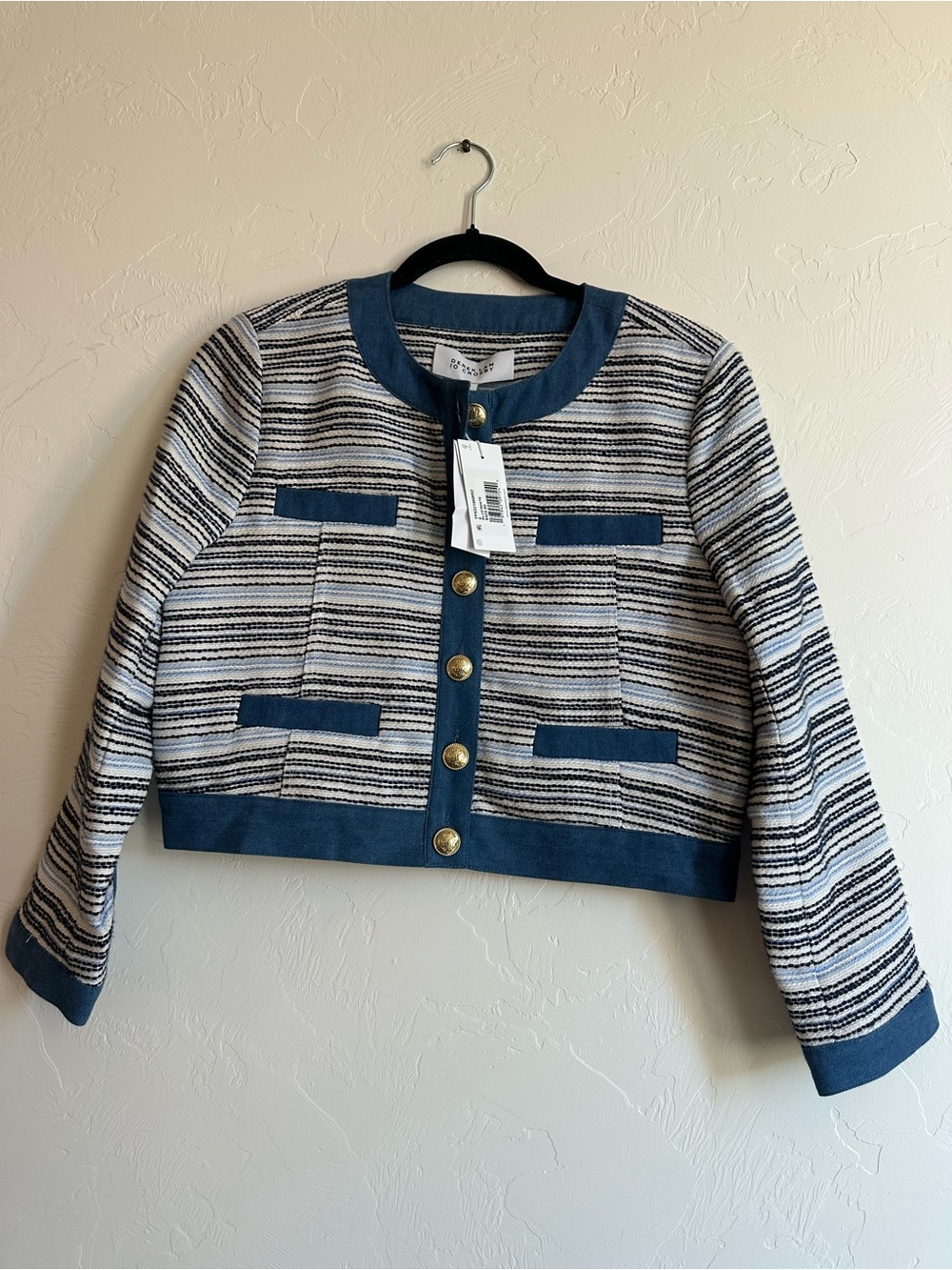 10 Crosby Derek Lam Navy & Ivory Striped Cropped Tweed Jacket